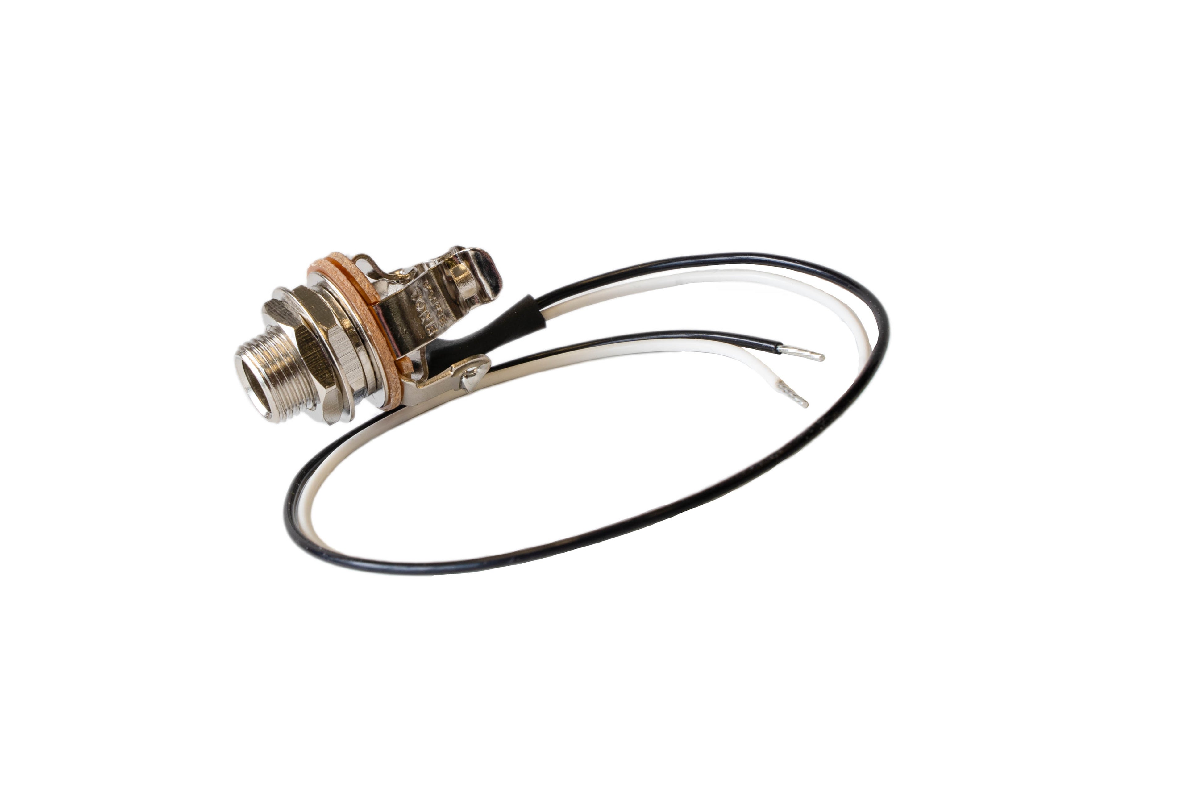 A pure tone 1/4" pre-wired jack for electric guitar, set on a clear white background.