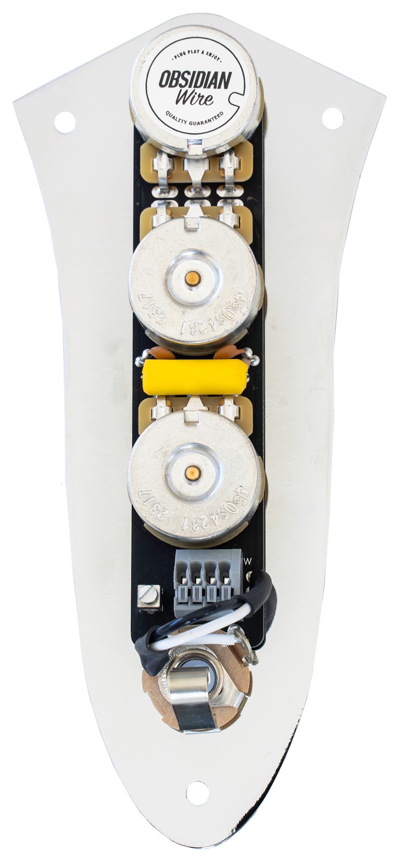 A loaded jazz bass control plate is placed bottom side up to display the three CTS potentiometers (pots) and jack