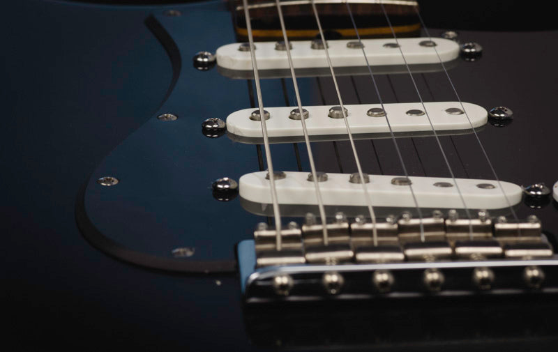 Gilmour loaded 1 ply black pickguard with parchment white pickup covers on a David Gilmour inspired black strat